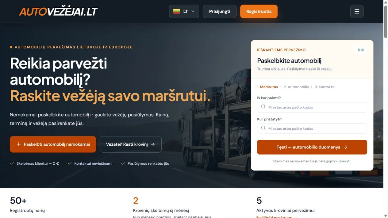 AutoVezejai.lt — viešo puslapio sąsaja
