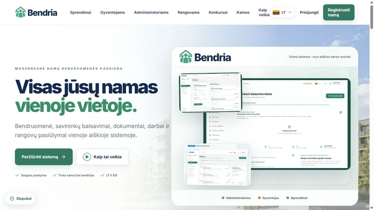 Bendria.lt · Bendria.com — viešo puslapio sąsaja