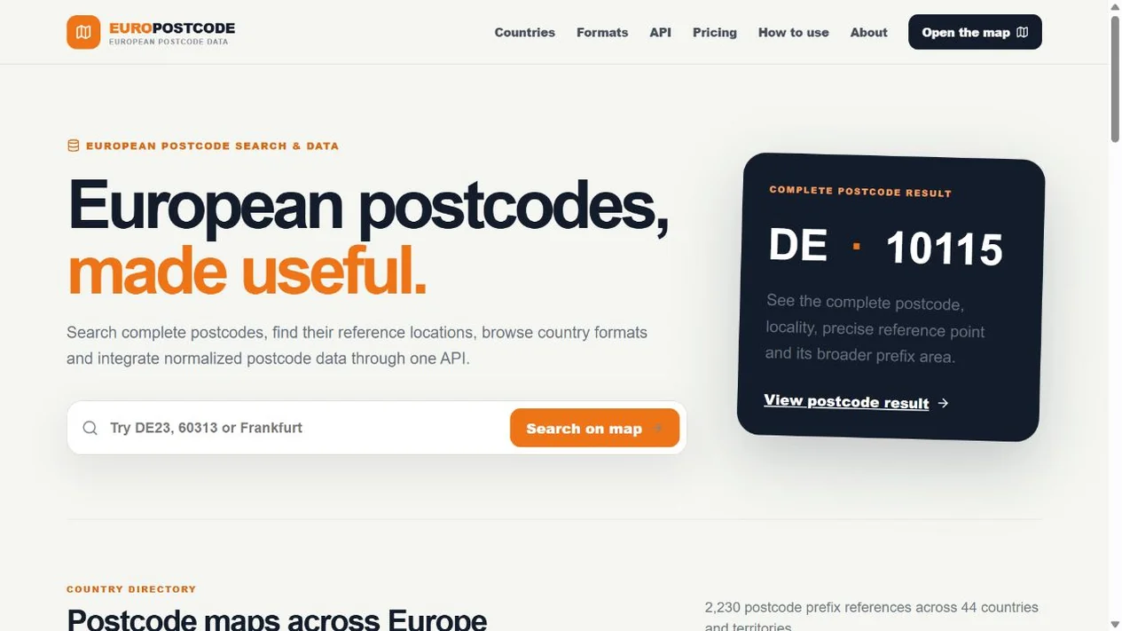 EuroPostCode.com — viešo puslapio sąsaja