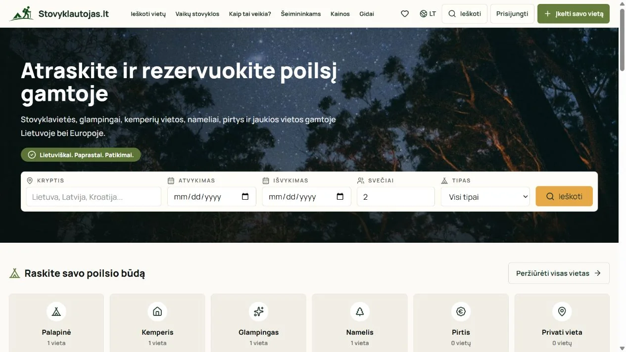 Stovyklautojas.lt — viešo puslapio sąsaja