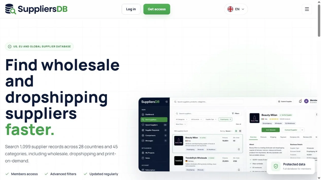 SuppliersDB.com · DropshipTiekejai.lt — viešo puslapio sąsaja